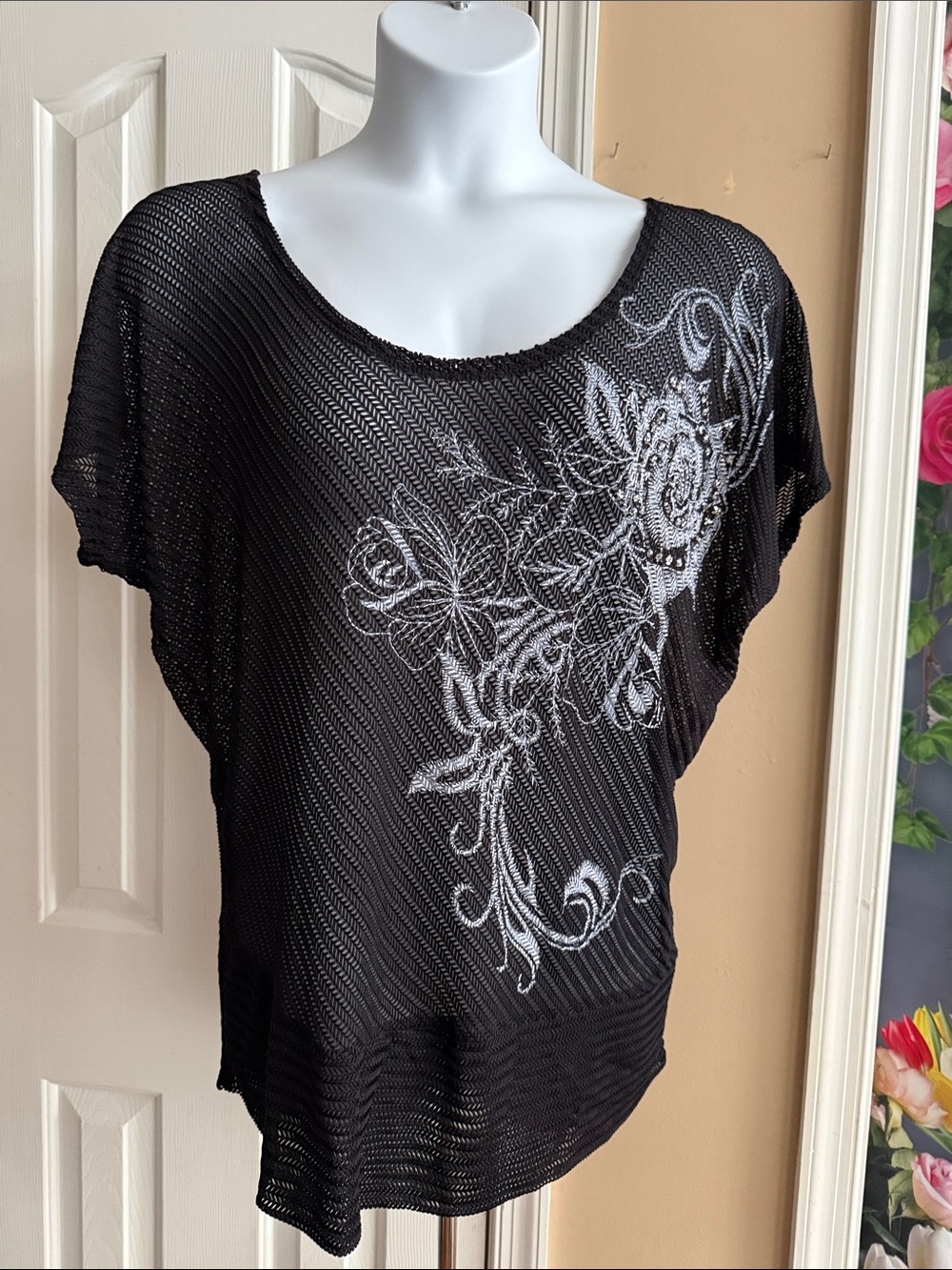 Black soft Mesh Short Sleeve Top with White/ Silver Floral Print